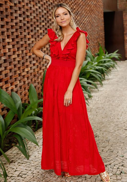 vestido plissado longo vermelho